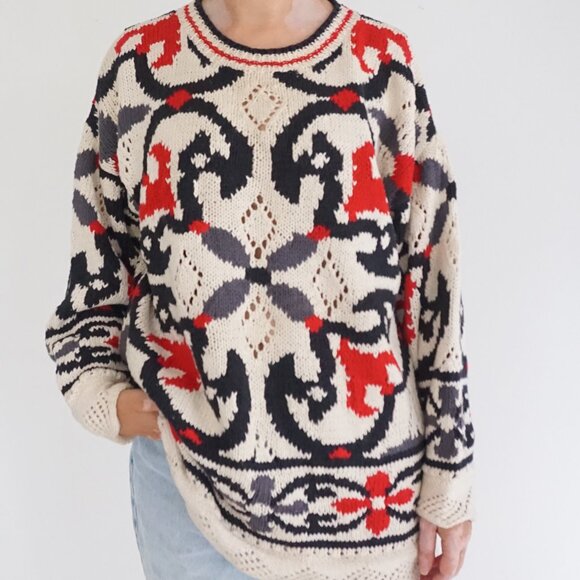 Vintage Paris Sport Club Cream Cotton Knit Bold Graphic Red Feminim Sweater L - Picture 1 of 9